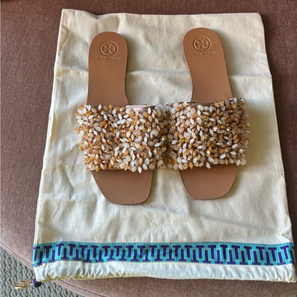 Tory Burch Shoes - Tory Burch peach beaded flat sandals with wood sole